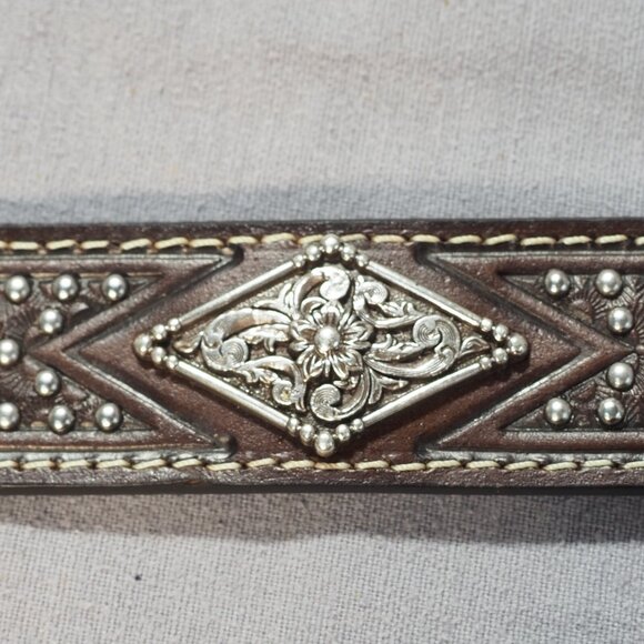 Ariat Belt Womens 24 Brown Leather Tooled Studded Diamond Concho Western Snap - Picture 4 of 13